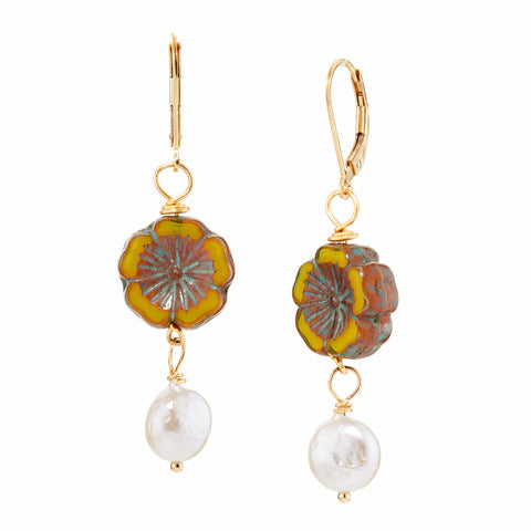Yellow Flower & Coin Pearl Earrings