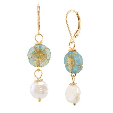 Slate Blue Flower & Coin Pearl Earrings