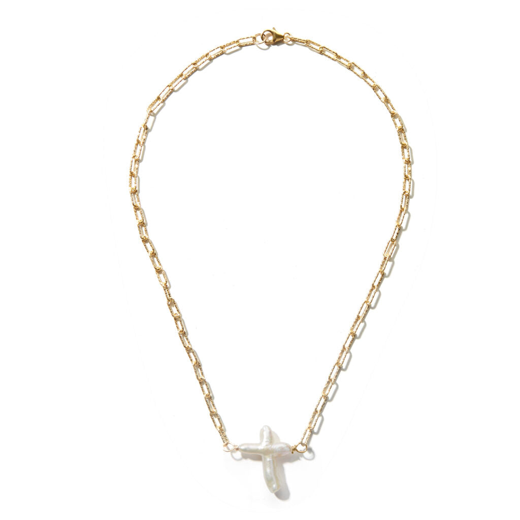 WHITE PEARL CROSS NECKLACE