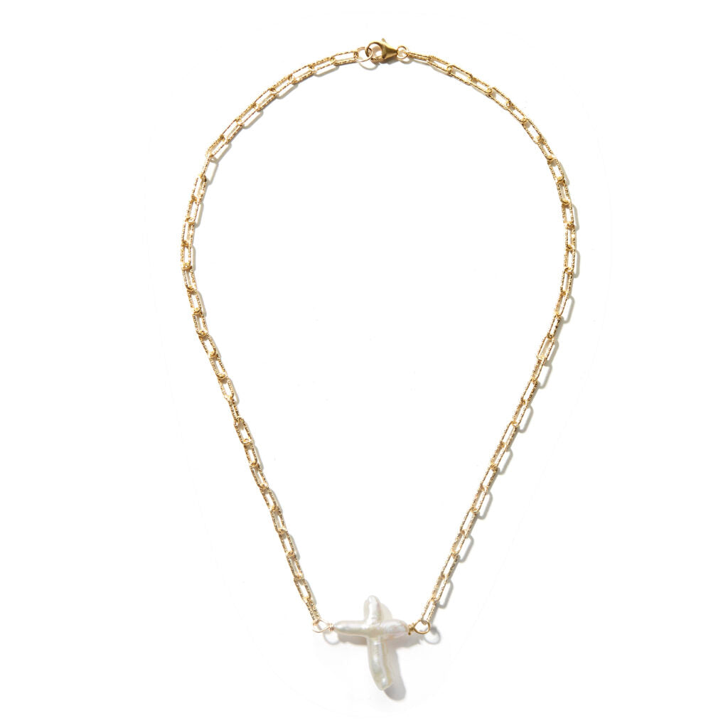 WHITE PEARL CROSS NECKLACE